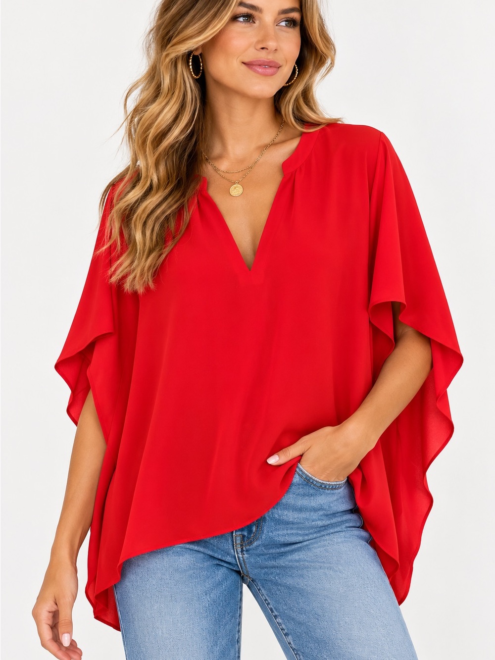 crosby by Mollie Burch Red V-Neck Kimono Sleeve Tunic Top